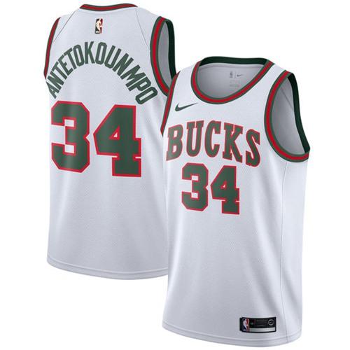 Men Nike Milwaukee Bucks #34 Giannis Antetokounmpo White Throwback NBA Swingman Hardwood Classics Jersey